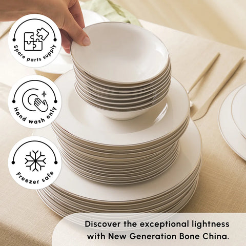 Karaca Lexi 56-Piece Bone China Dinner Set for 12 People, White Platinum