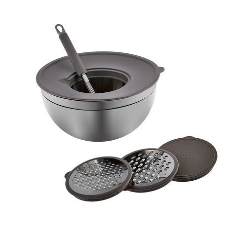 Karaca Parle Stainless Steel Mixing Bowl Set with Graters, 4.6L, Grey