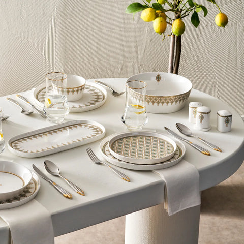 Karaca Streamline Dorothy 59-Piece Bone China Dinner Set for 12 People, White Multi