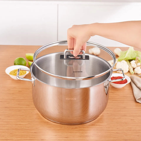 Karaca Grace Stainless Steel Induction Stockpot with Lid, 28cm, Silver