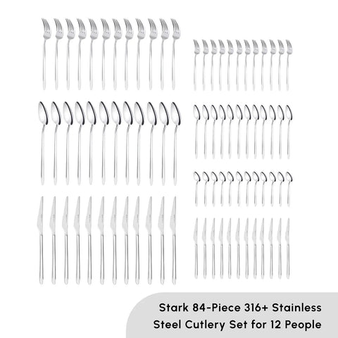 Karaca Stark 84-Piece 316+ Stainless Steel Cutlery Set for 12 People, Silver