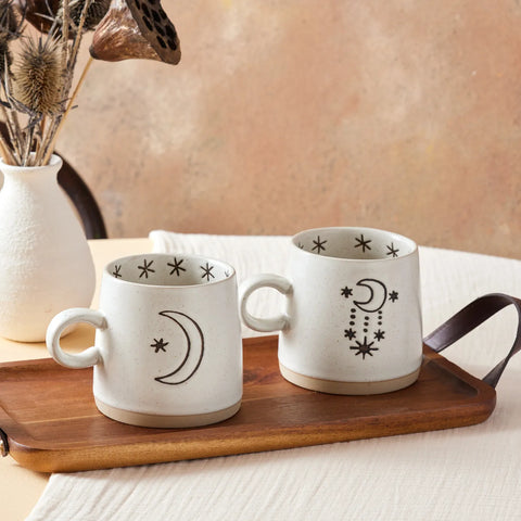 Karaca Moon & Sun 2 Piece Stoneware Mug Set, 300ml, White Multi