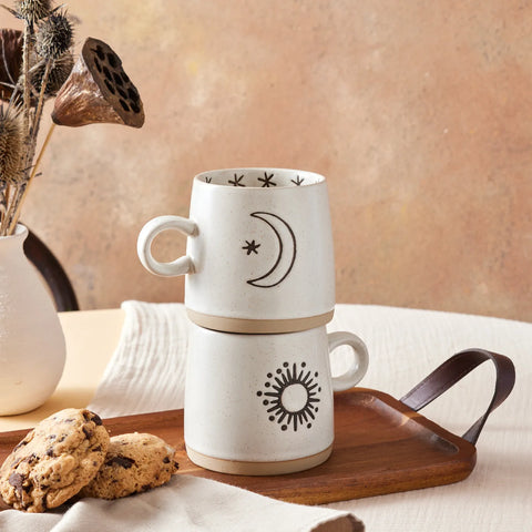 Karaca Moon & Sun 2 Piece Stoneware Mug Set, 300ml, White Multi