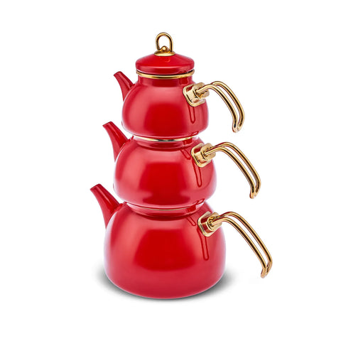 Karaca Retro 3-Piece Enamel Induction Teapot Set, Red