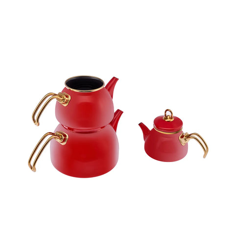 Karaca Retro 3-Piece Enamel Induction Teapot Set, Red