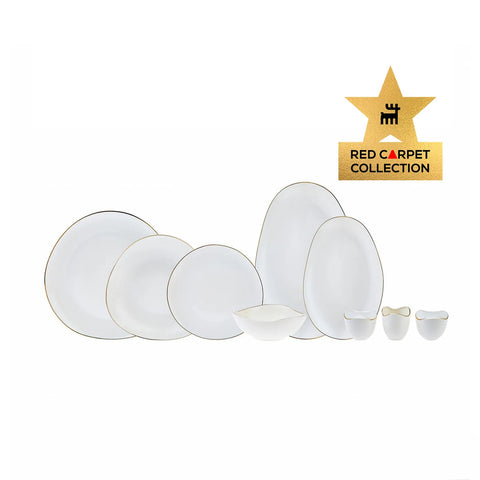 Karaca Red Carpet Collection Streamline Middle 56-Piece Bone China Dinner Set for 12 People, Gold White