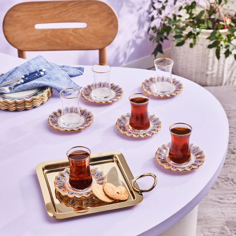 Karaca Rea 12 Piece Glass Turkish Tea Set for 6 People, 160ml, Multi