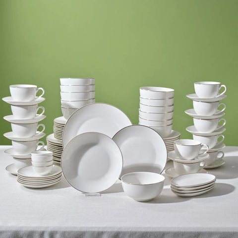 Karaca Marcelo 88-Piece New Generation Bone China Dinner Set for 12 People, Gold White