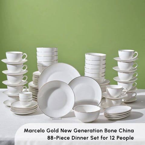 Karaca Marcelo 88-Piece New Generation Bone China Dinner Set for 12 People, Gold White