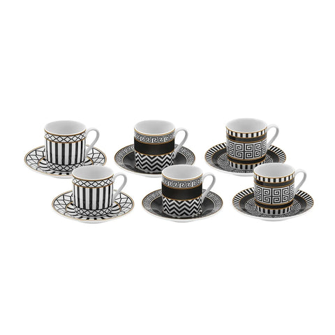 Karaca Helenistik 12-Piece Porcelain Espresso Turkish Coffee Cup Set for 6 People, 80ml, Black