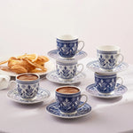 Karaca Peyker 12-Piece Bone China Espresso Turkish Coffee Cup for 6 People, 85ml, Blue