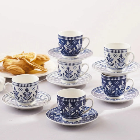 Karaca Peyker 12-Piece Bone China Espresso Turkish Coffee Cup for 6 People, 85ml, Blue