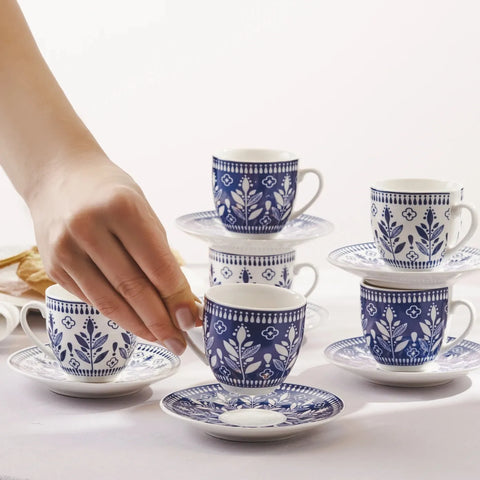 Karaca Peyker 12-Piece Bone China Espresso Turkish Coffee Cup for 6 People, 85ml, Blue