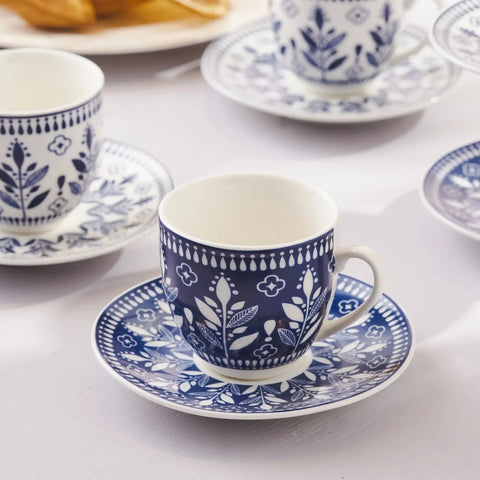 Karaca Peyker 12-Piece Bone China Espresso Turkish Coffee Cup for 6 People, 85ml, Blue