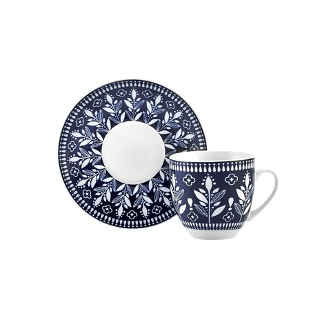 Karaca Peyker 12-Piece Bone China Espresso Turkish Coffee Cup for 6 People, 85ml, Blue