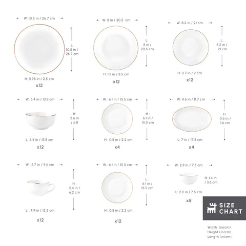 Karaca Marcelo 88-Piece New Generation Bone China Dinner Set for 12 People, Gold White