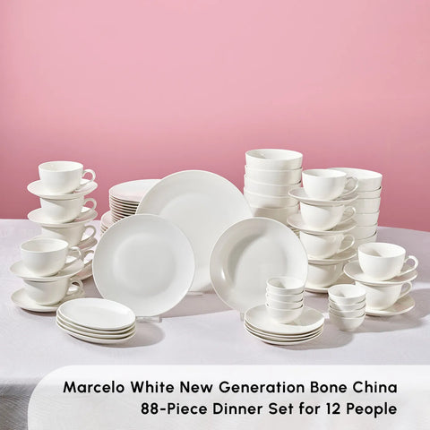 Karaca Marcelo 88-Piece New Generation Bone China Dinner Set for 12 People, White 