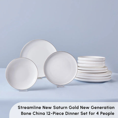 Karaca Streamline New Saturn 12-Piece Bone China Dinner Set for 4 People, Gold