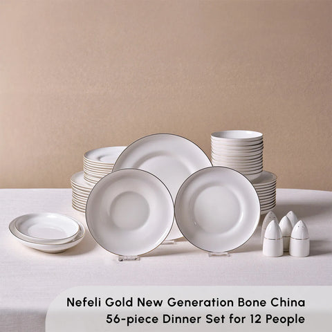 Karaca Streamline Nefeli 56-Piece Bone China Dinner Set for 12 People, Gold