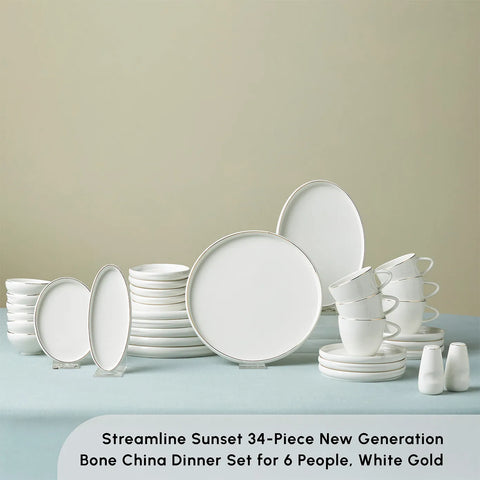 Karaca Streamline Sunset 34-Piece Porcelain Serveware Set for 6 People, White Gold