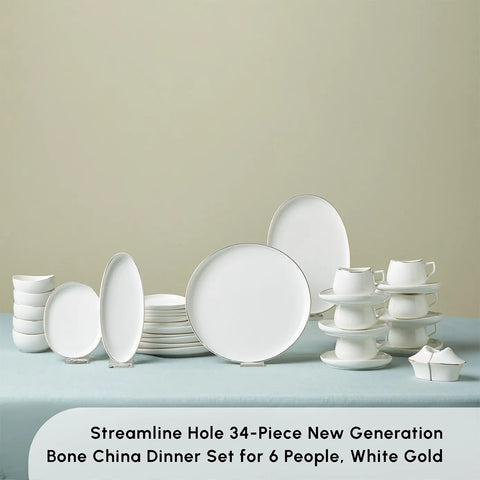 Karaca Streamline Hole 34-Piece Porcelain Serveware Set for 6 People, White Gold