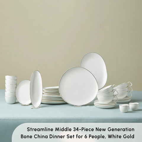 Karaca Streamline Middle 34-Piece Porcelain Serveware Set for 6 People, White Gold