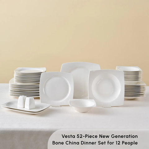 Karaca Vesta 52-Piece Bone China Dinner Set for 12 People, White