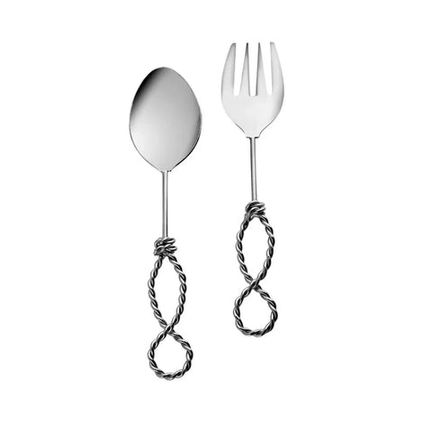 Karaca Rope Serving Spoon and Fork Set, Silver