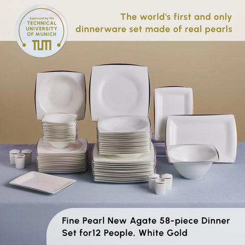 Karaca New Agate 58-Piece Fine Pearl Dinner Set for 12 People, White Gold