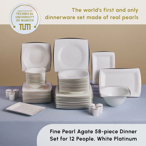 Karaca Fine Pearl New Agate 58-Piece Dinner Set for 12 People, White Platinum