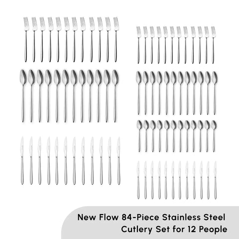 Karaca New Flow 84-Piece Stainless Steel Cutlery Set for 12 People, Silver