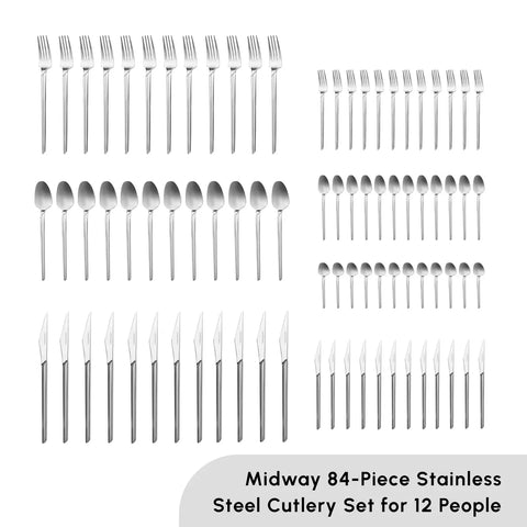 Karaca Midway 84-Piece Stainless Steel Cutlery Set for 12 People, Silver