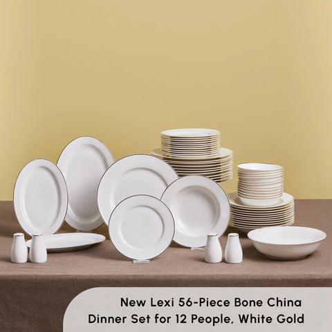 Karaca New Lexi 56-Piece Bone China Dinner Set for 12 People, White Gold