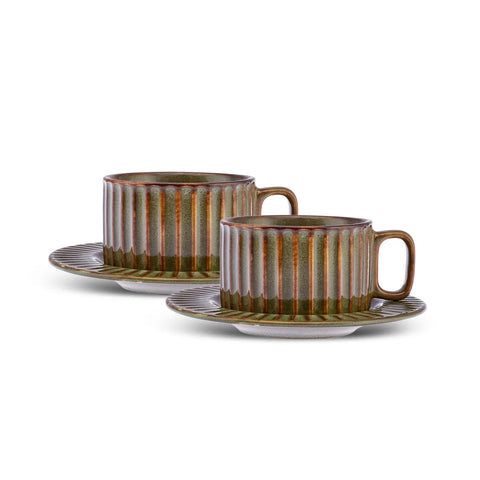 Karaca Cereus 4-Piece Ceramic Reactive Glaze Tea Cup and Saucer Set for 2 People, Green 