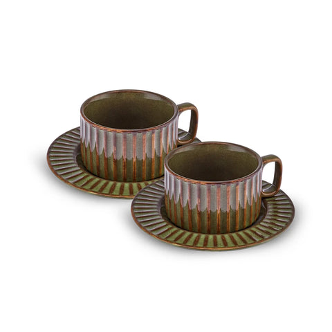 Karaca Cereus 4-Piece Ceramic Reactive Glaze Tea Cup and Saucer Set for 2 People, Green 