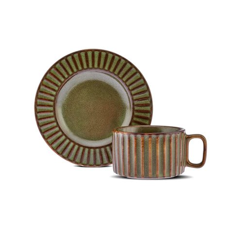 Karaca Cereus 4-Piece Ceramic Reactive Glaze Tea Cup and Saucer Set for 2 People, Green 