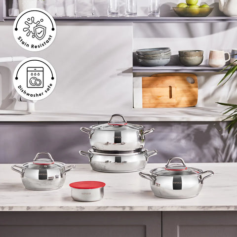 Karaca Emirgan 8-Piece Stainless Steel Induction Cookware Set, Silver Red