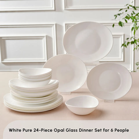 Karaca White Pure 24-Piece Glass Dinner Set for 6 People, White