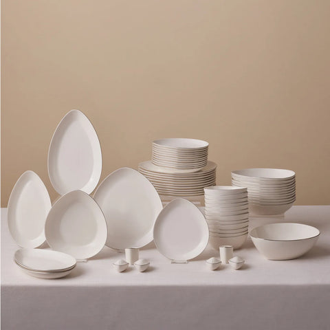 Karaca Streamline Saki 59-Piece Bone China Dinner Set for 12 People, White Gold