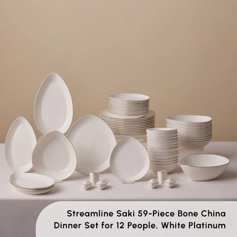 Karaca Streamline Saki 59-Piece Bone China Dinner Set for 12 People, White Gold