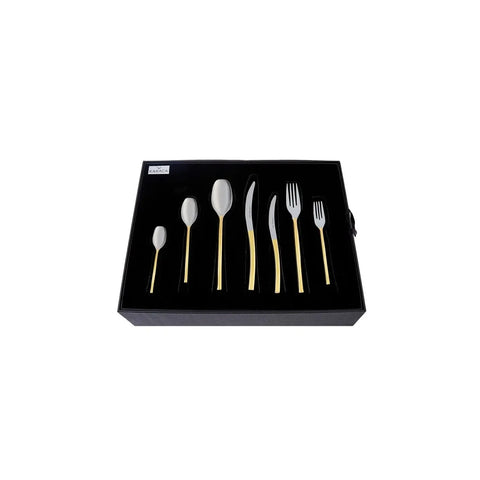 Karaca Dora 84-Piece 316+ Stainless Steel Cutlery Set for 12 People, Silver Gold