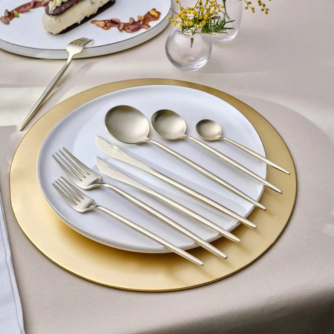 Karaca Jupiter 84-Piece Stainless Steel Cutlery Set for 12 People, Matte Champain Gold