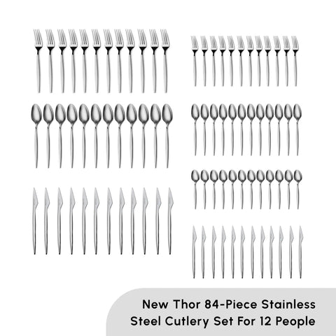 Karaca New Thor 84-Piece Stainless Steel Cutlery Set for 12 People, Silver