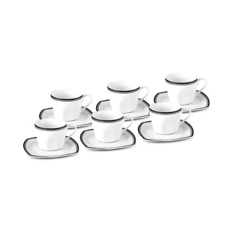 Karaca Black Line 12-Piece Bone China Tea Cup and Saucer Set for 6 People, 220 ml, Black White