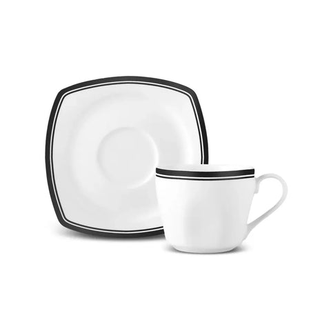 Karaca Black Line 12-Piece Bone China Tea Cup and Saucer Set for 6 People, 220 ml, Black White