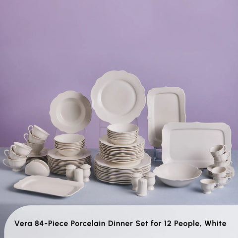 Karaca Vera 84-Piece Porcelain Dinner Set for 12 People, White 