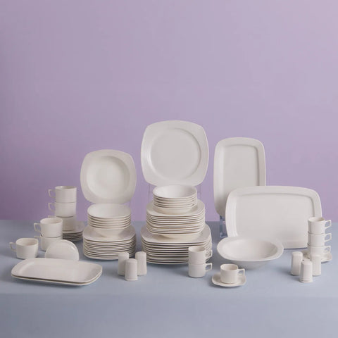 Karaca Timeless 84-Piece Porcelain Square Dinner Set for 12 People, White 