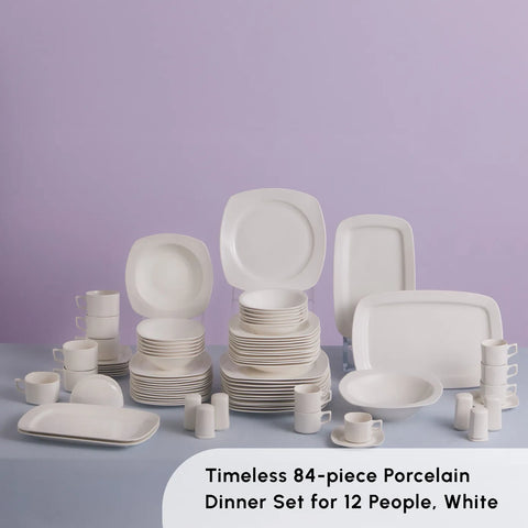 Karaca Timeless 84-Piece Porcelain Square Dinner Set for 12 People, White 