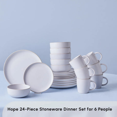 Karaca Hope 24-Piece Stoneware Dinner Set for 6 People, White Gold