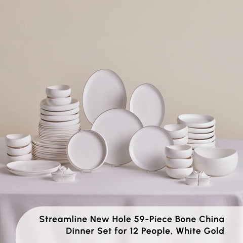 Karaca Red Carpet Collection Streamline New Hole 59-Piece Bone China Dinner Set for 12 People, White Gold